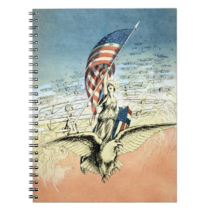 Caderno Espiral Vintage Patriótico, Senhora, Águia com Bandeira Am