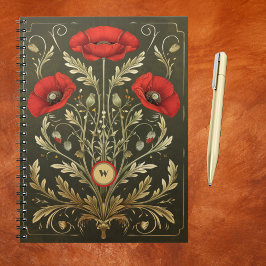 Caderno Espiral Vintage Poppies Gold Red Art Nouveau Monogram