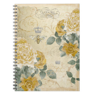 Caderno Espiral Vintage Queen Bee Dourado Rosa Floral