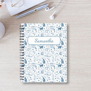 Caderno Espiral Vintage Retro Toile Patterno Cat Catnip White Blue