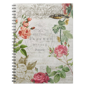 Caderno Espiral Vintage Rosa Rosa Rosa Rosa e Tipografia Ephemera