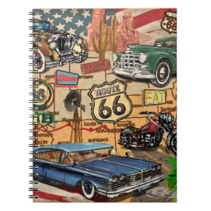 Caderno Espiral Vintage Route 66, poster nostálgico.