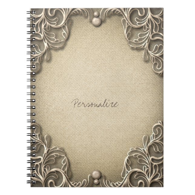 Caderno Espiral Vintage Rustic Burlap Lace Western Glam (Frente)