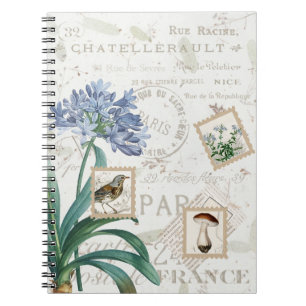 Caderno Espiral Vintage, Script Francês Nature Flower Bird Mushroo