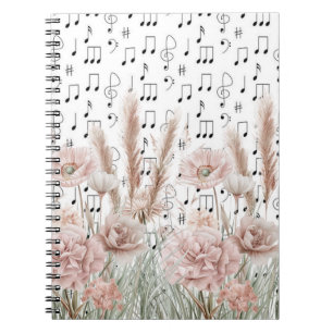 Caderno Espiral Vintage Sheet Music with Pink Peony Wilflower