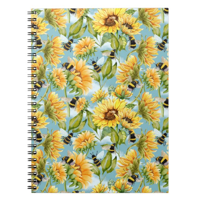 Caderno Espiral Vintage Sunflower And Bees Seamless Pattern (Frente)