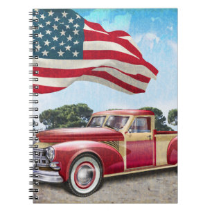 Caderno Espiral Vintage vermelha pega caminhão com bandeira ameri
