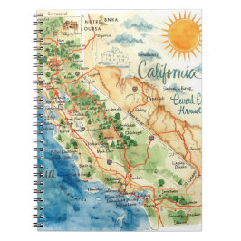 Caderno Espiral Vintage Watercolor California Travel Map Art