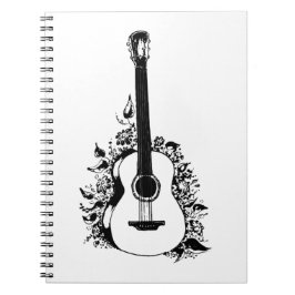 Caderno Espiral Violão acústico sobre fundo de flores.