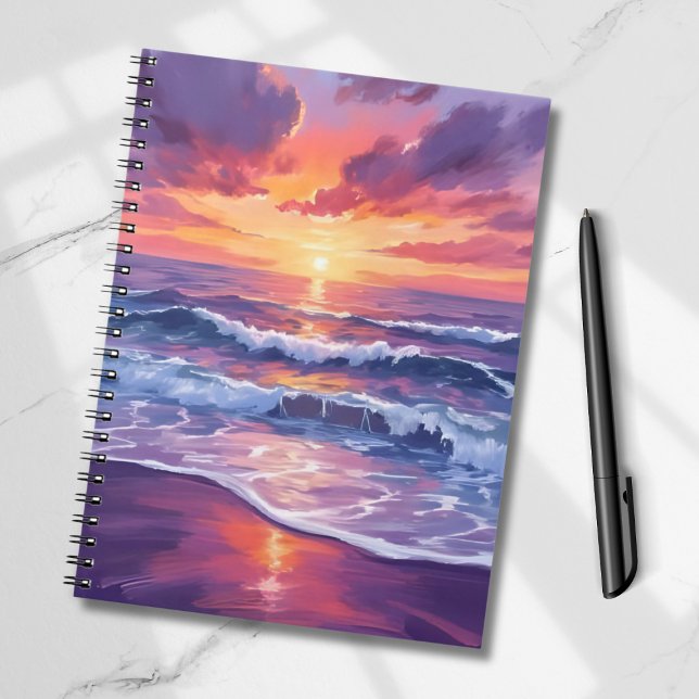 Caderno Espiral Violet Tide | Purple Sunset Ocean Waves Painted (Criador carregado)
