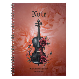 Caderno Espiral Violino preto gótico com rosas vermelhas