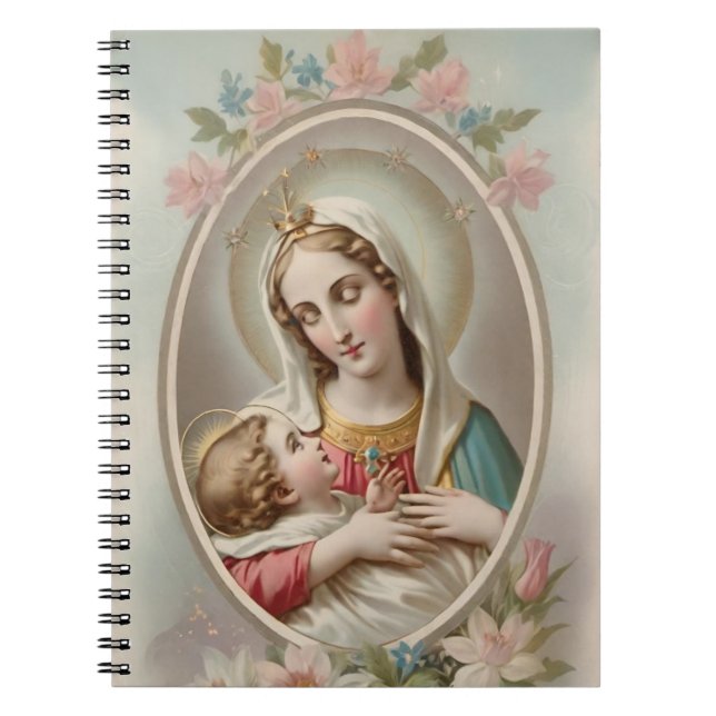Caderno Espiral Virgem Floral Mary com o Notebook Jesus Criança (Frente)