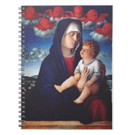Caderno Espiral Virgem Maria com Jesus bebê e cereias vermelhas