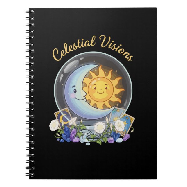 Caderno Espiral Visões Celestiais | Sol Fofo e Tarot da Lua Crysta (Frente)
