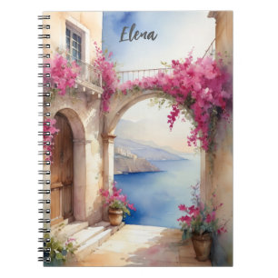 Caderno Espiral Vista costeira Colorida Amalfi Bougainvillea