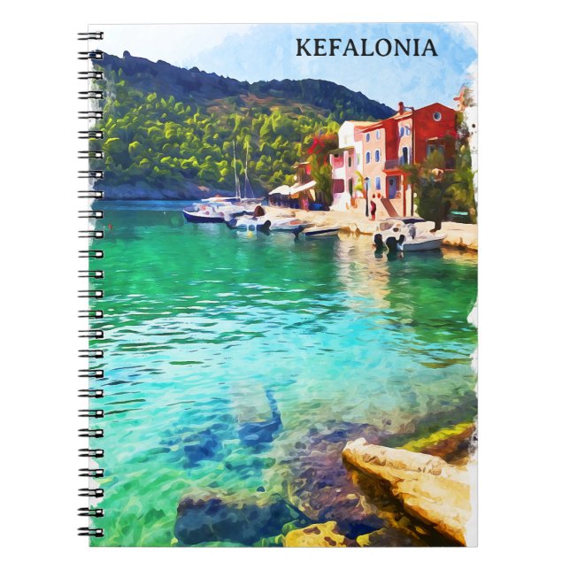 Caderno Espiral Vista Costeira de Grécia de Kefalonia com Aquarela (Frente)