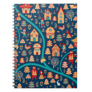 Caderno Espiral Vista de pássaro. Casas,floresta,anões,ursos,rap