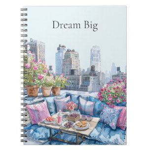 Caderno Espiral Vista Urbana de Verão Rosa Azul Chic