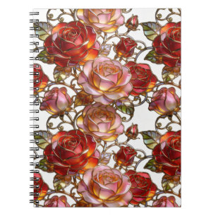 Caderno Espiral Vitraux Rosas Vermelhas e Rosas Floral Elegante