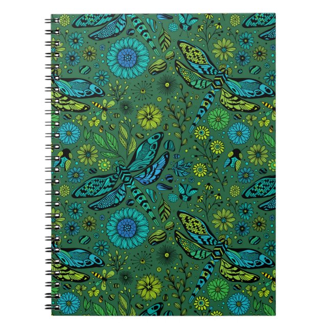 Caderno Espiral Voar, voar libélula em esmeralda verde (Frente)