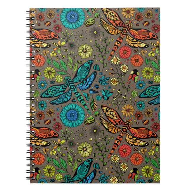 Caderno Espiral Voar, voar libélula no marrom (Frente)