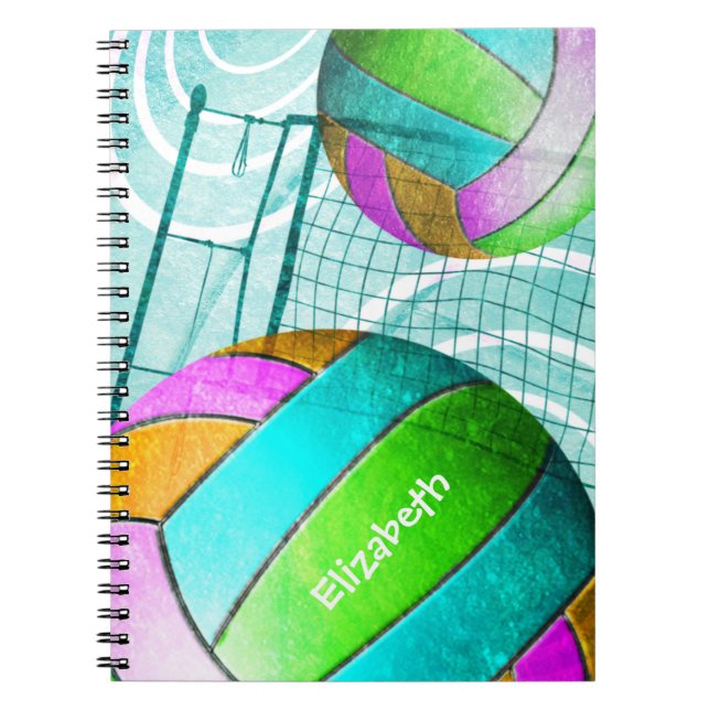 Caderno Espiral Voleibol feminino de limão rosa-turquesa personali (Frente)