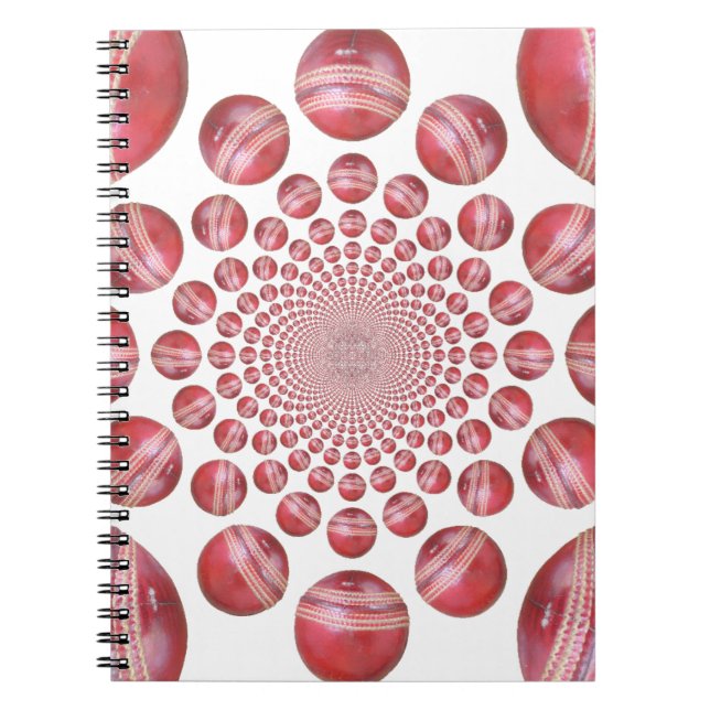 Caderno Espiral Vórtice Carmesim: Linda Arte de Bola de Críquete V (Frente)