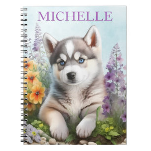 Caderno Espiral Watercolor Flowers and Siberian Husky