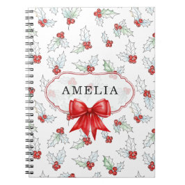 Caderno Espiral Watercolor Holly Berries  Red Ribbon Custom Name