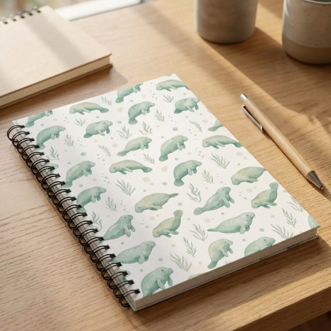 Caderno Espiral Watercolor Manatee Notebook (watercolor spiral notebook with manatee pattern on wooden desk)