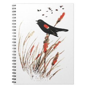 Caderno Espiral Watercolor Red Wing Blackbird Bird Nature art