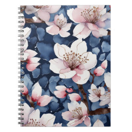 Caderno Espiral Watercolor Sakura Floral Navy Blue Elegant Spiral