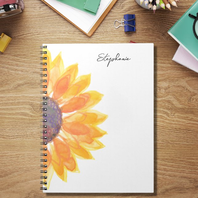 Caderno Espiral Watercolor Sunflower Custom Name (Criador carregado)