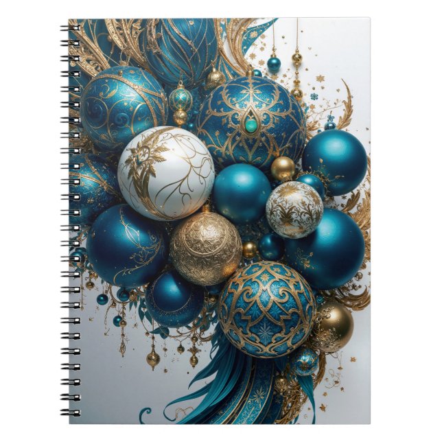 Caderno Espiral Weihnachtskugeln Gold Blau Luxus Fest (Frente)