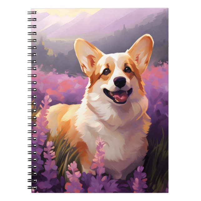 Caderno Espiral Welsh Corgi no campo da Lavanda (Frente)