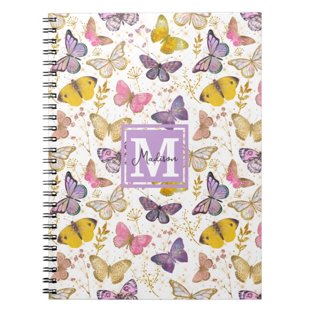 Caderno Espiral Whimsic Faux Gliitter Butterflies Nome Monograma (Frente)