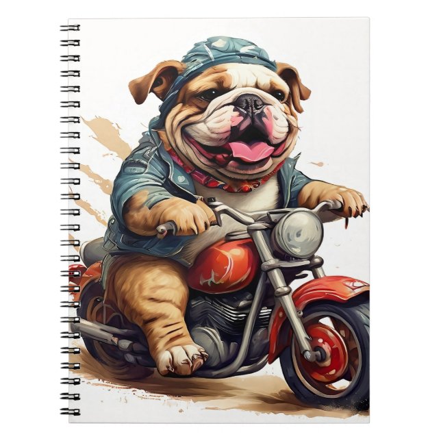 Caderno Espiral Whimsical Bulldog Chopper dirigindo uma moto (Frente)
