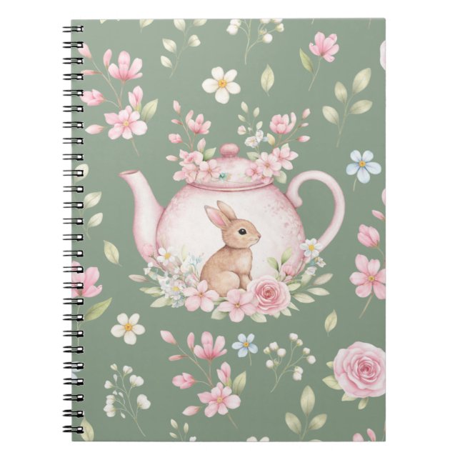 Caderno Espiral Whimsical Bunny Teapot Floral Spring Notebook (Frente)