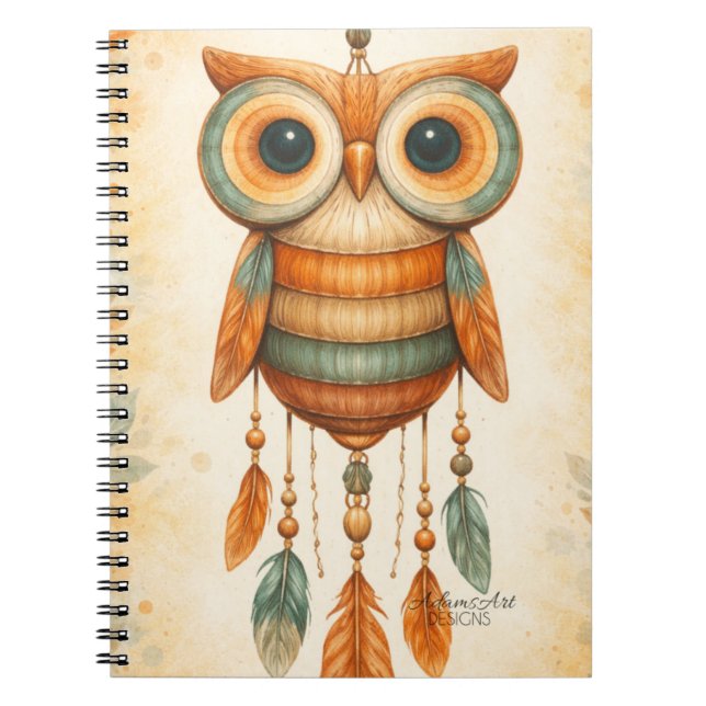 Caderno Espiral Whimsical Owl Dreamcatcher Boho (Frente)