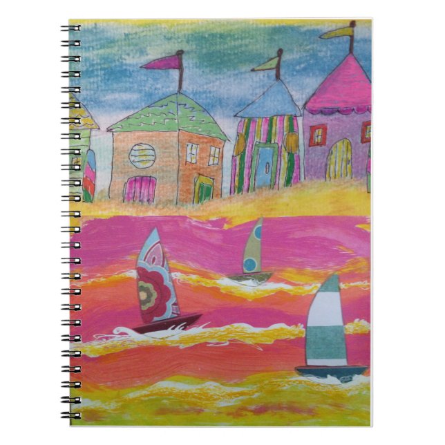 Caderno Espiral Whimsical Sailboats and Beach Huts (Frente)