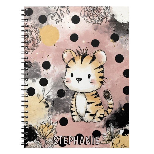 Caderno Espiral Whimsical Tiger Floral Watercolor Art (Frente)