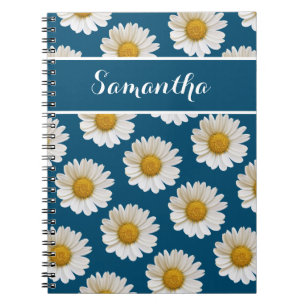 Caderno Espiral White Daisies em Azul com Nome Personalizado