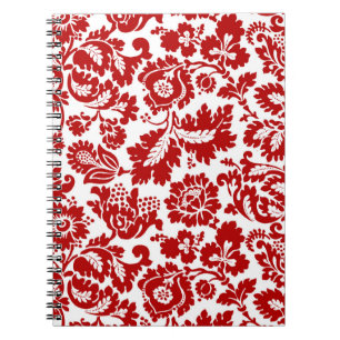 Caderno Espiral William Morris Floral Damask, Deep Red and White