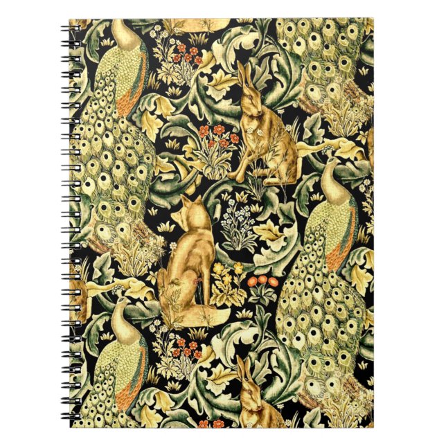 Caderno Espiral William Morris Forest Tapeçaria Fox Hare Peacock (Frente)