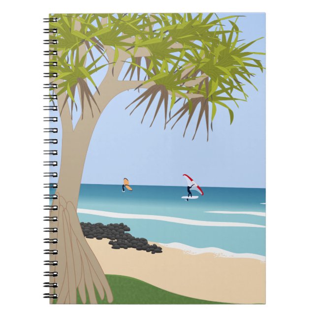 Caderno Espiral Wing Foil Surfers Pandanus Tree na Praia (Frente)
