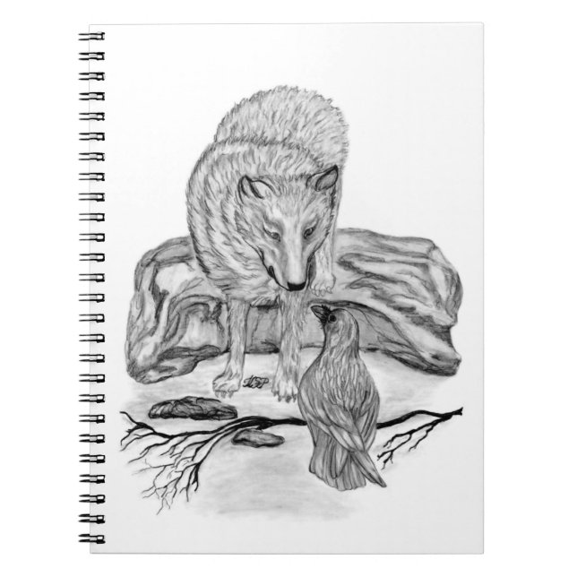 Caderno Espiral Wolf e Raven design preto e branco (Frente)