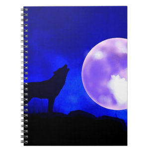 Caderno Espiral Wolf Howling na Lua no Bloco de Anotações Azul da