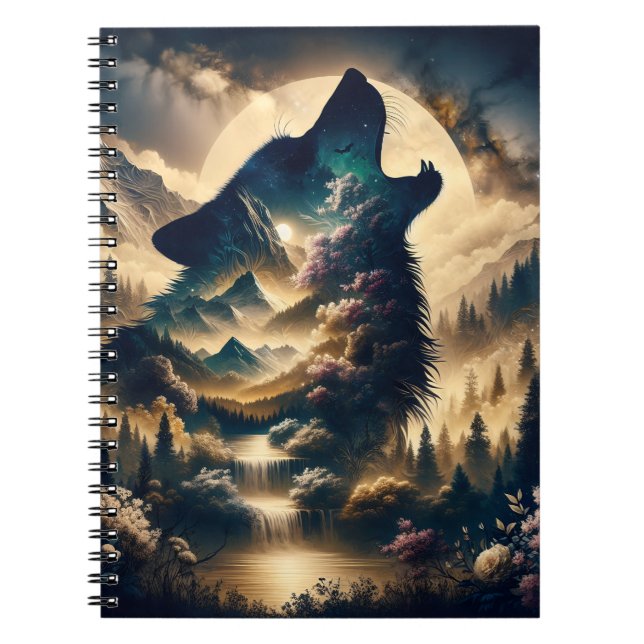 Caderno Espiral Wolf Howling na lua numa noite nublada (Frente)