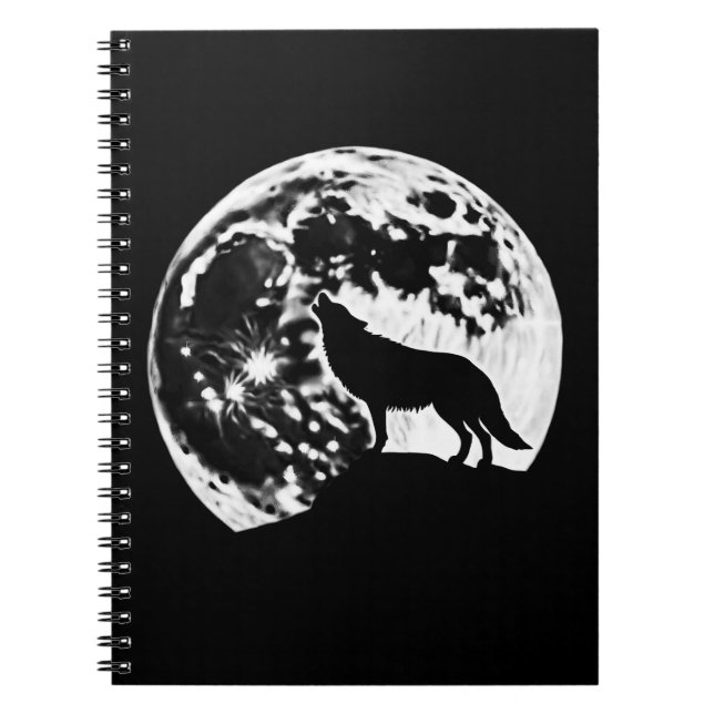 Caderno Espiral Wolf Howling Silhuetou Contra a Lua Cheia (Frente)