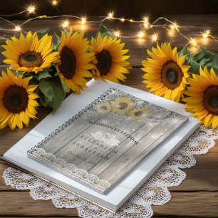 Caderno Espiral Wood Sunflower Lace String Light Weding Guestbook